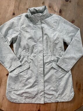 Orvis Raincoat Mint Green & Gray Cinched Waist Jacket Hidden Packable Hood